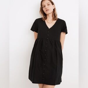 Madewell Linen-Blend Alexandra Button-Front Mini Dress Black Sz Medium Babydoll